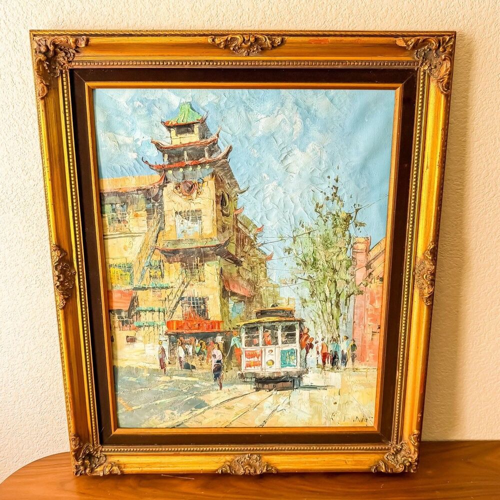 Kee Fung Ng Original Oil Painting San Francisco Chinatown Cable Car Signed